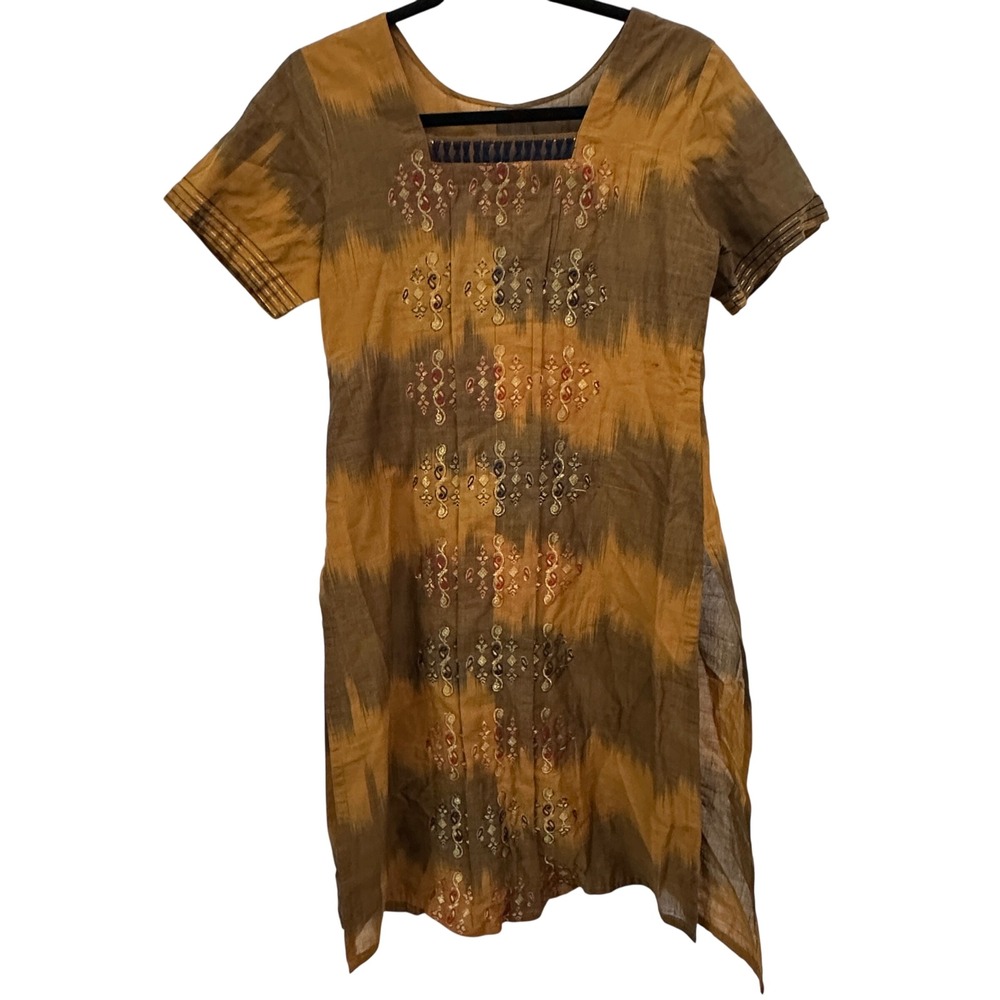 Kurti Tunic Dress Brown Ochre Cotton Ikat Embroidered Boho Earthy Indian S/M